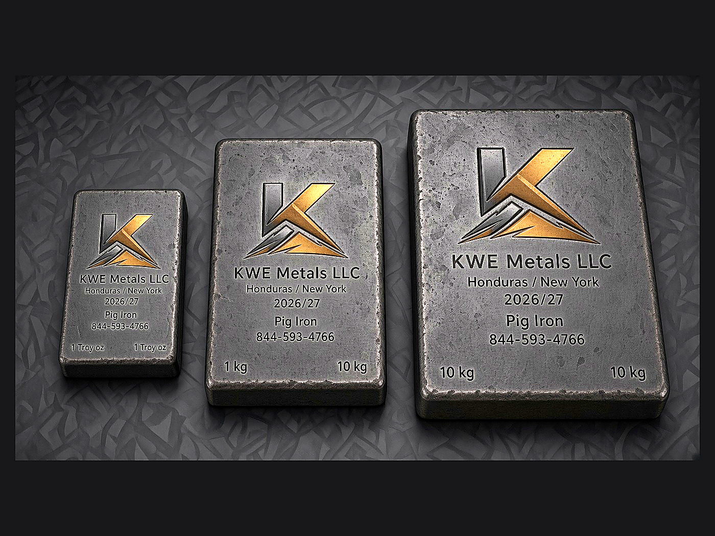 Three rough grey KWE Metals branded pig iron ingots in ascending sizes on a dark textured surface