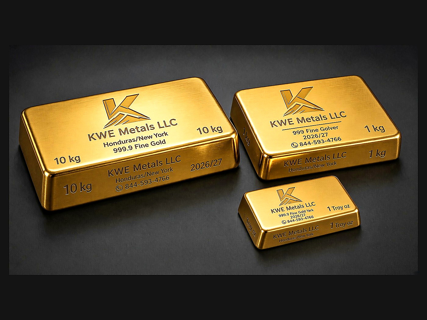 Three KWE Metals branded 999.9 fine gold bars in 10 kg, 1 kg and 1 troy ounce sizes on a dark surface