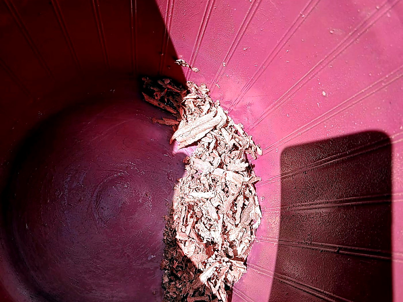 Bright metallic copper flake collected against the wall of a purple plastic collection drum