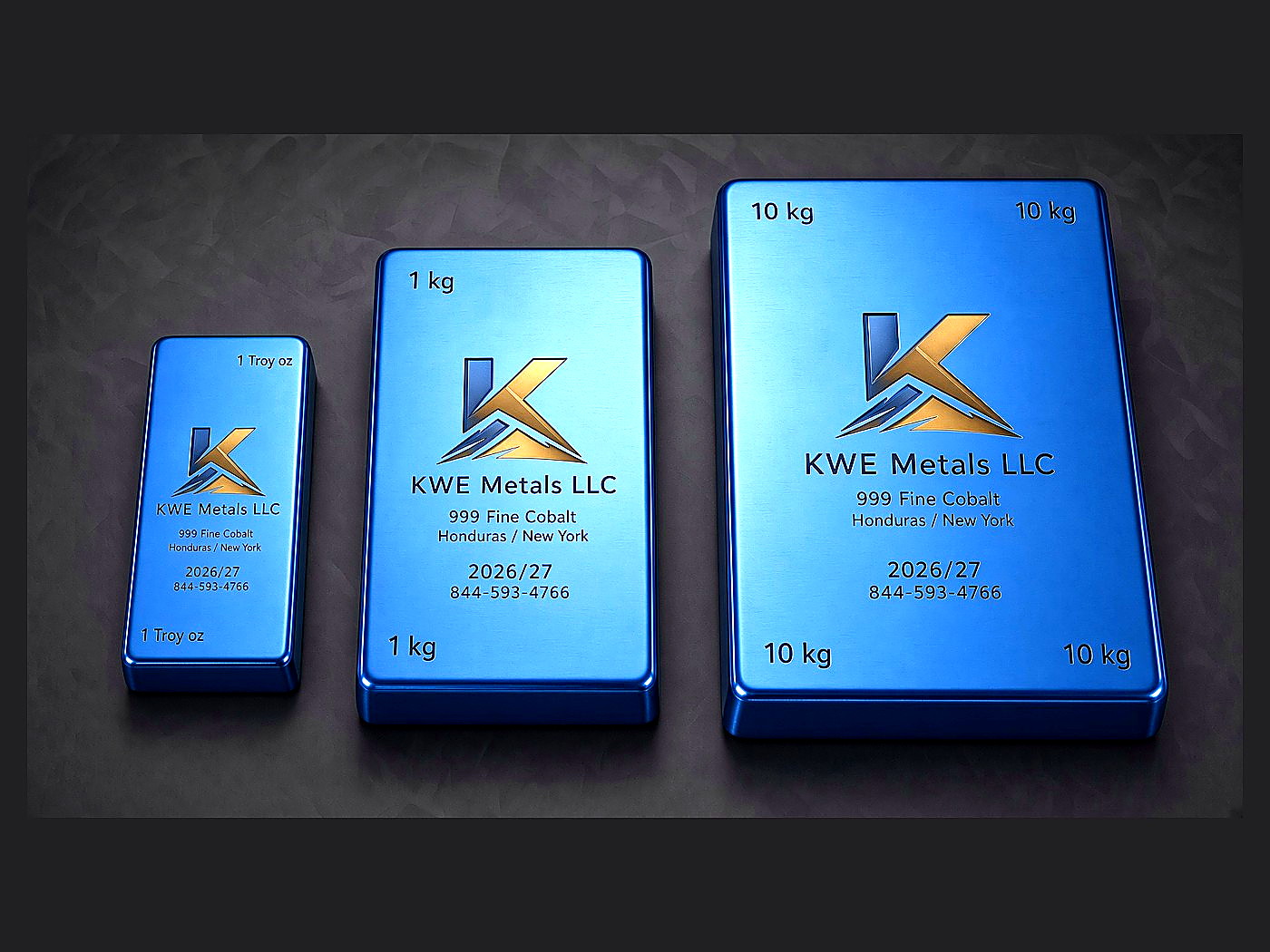 Three blue KWE Metals branded 999 fine cobalt bars in one ounce, one kilo and ten kilo sizes