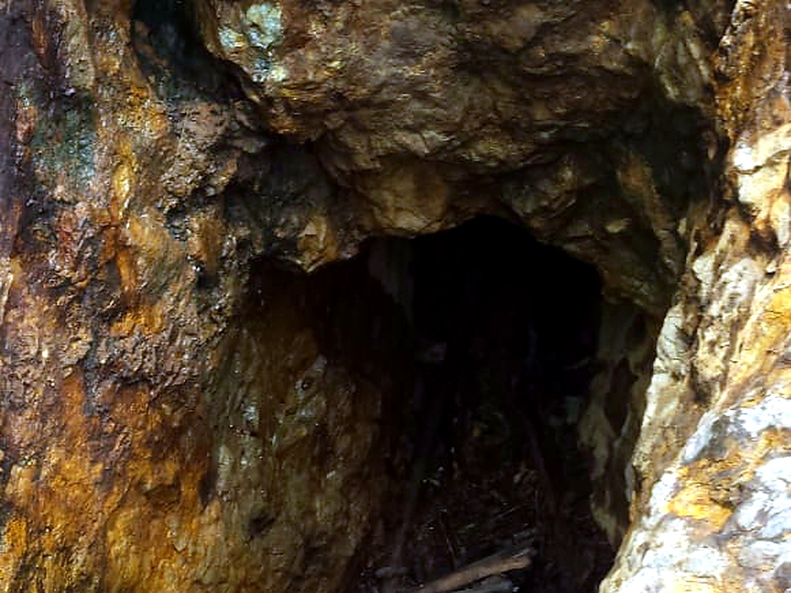 Dark tunnel mouth in yellow-stained quartz rock with rough timber props laid across the entrance