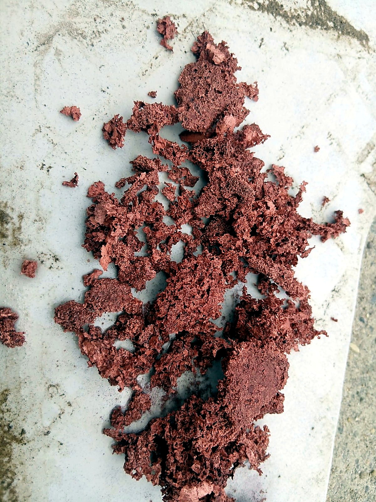 Reddish-brown sponge-like copper precipitate spread across a white ceramic tile
