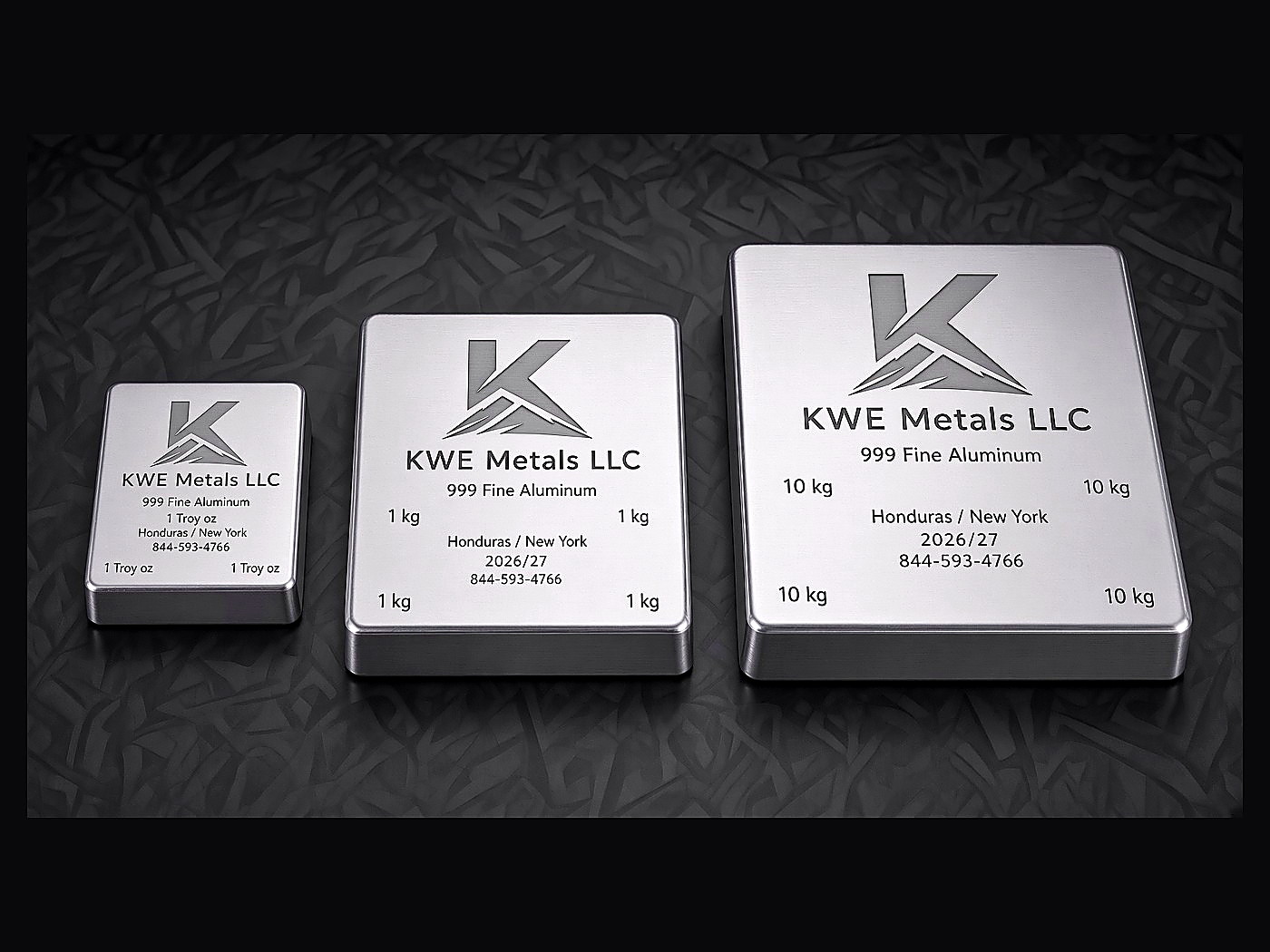 Three brushed silver KWE Metals 999 fine aluminium ingots in ascending sizes on a dark background