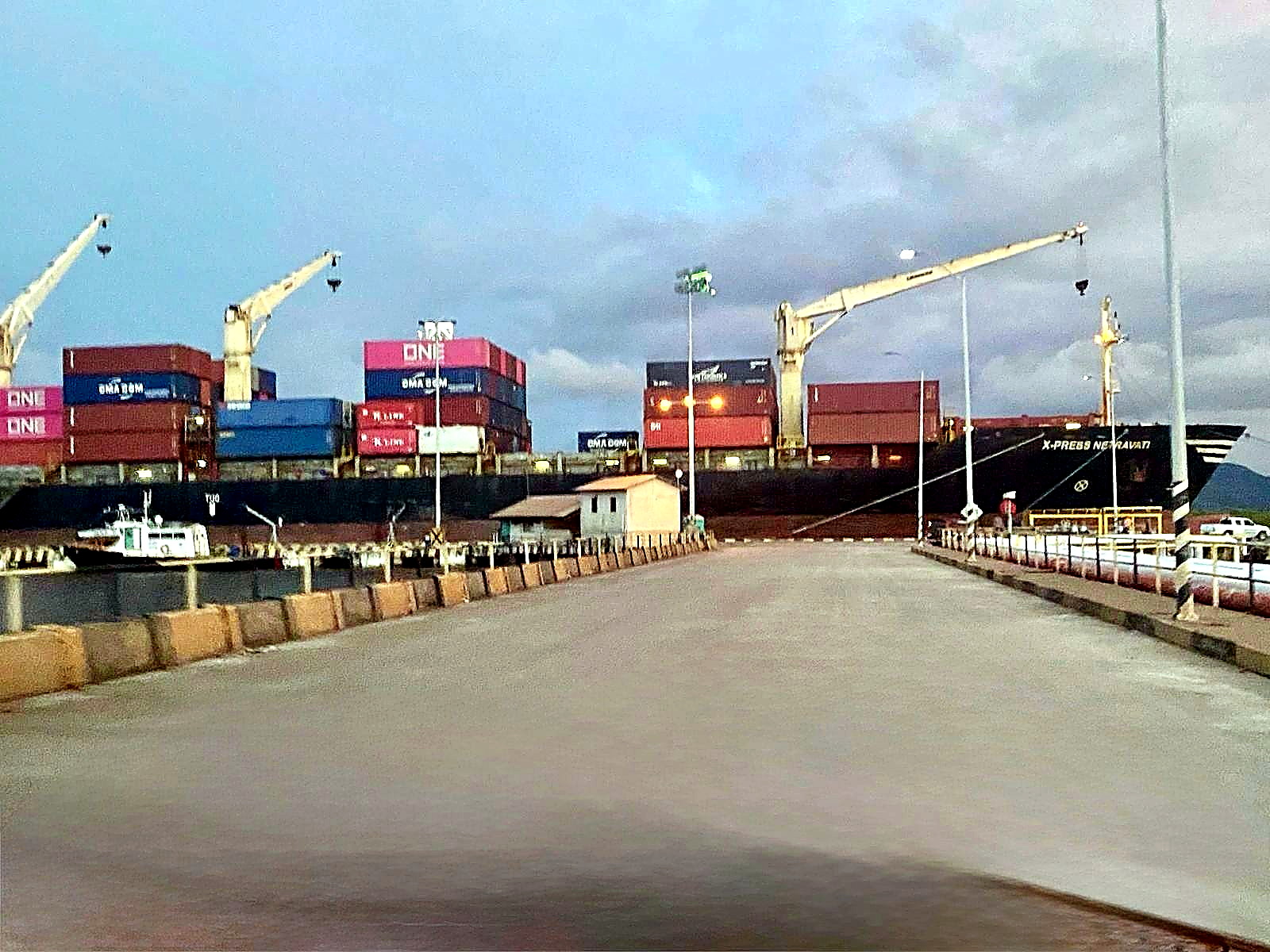 Gantry cranes loading shipping containers beside a bulk vessel at a Central American export berth