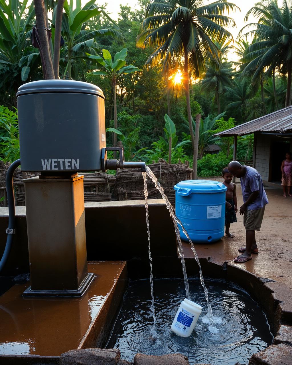 A community water filtration and storage plant built beside a green hillside next to a mining community
